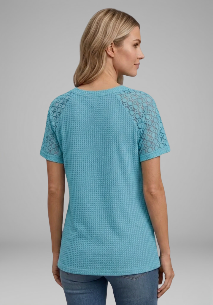 Women’s Waffle-Knit V-Neck T-Shirt with Lace Short Sleeves and Button Detail