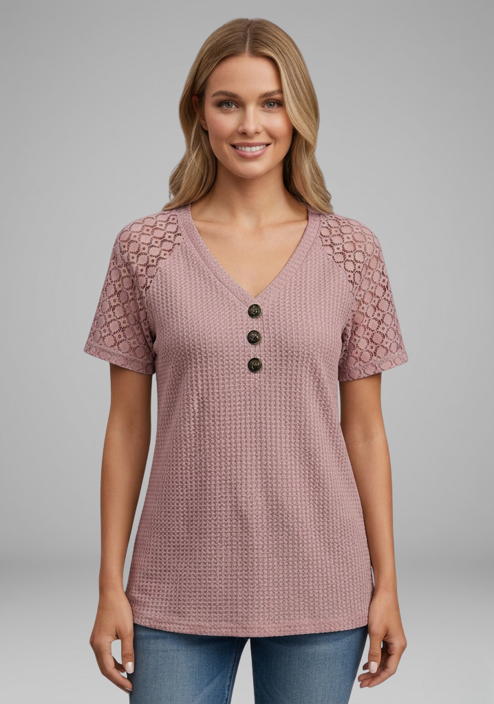 Women’s Waffle-Knit V-Neck T-Shirt with Lace Short Sleeves and Button Detail