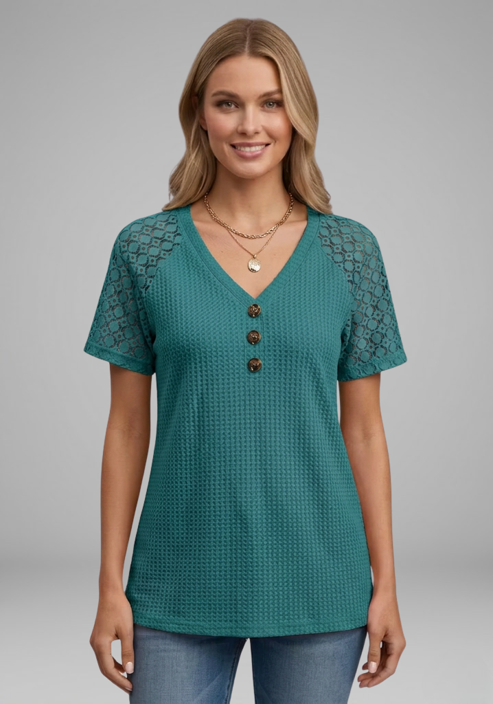Women’s Waffle-Knit V-Neck T-Shirt with Lace Short Sleeves and Button Detail