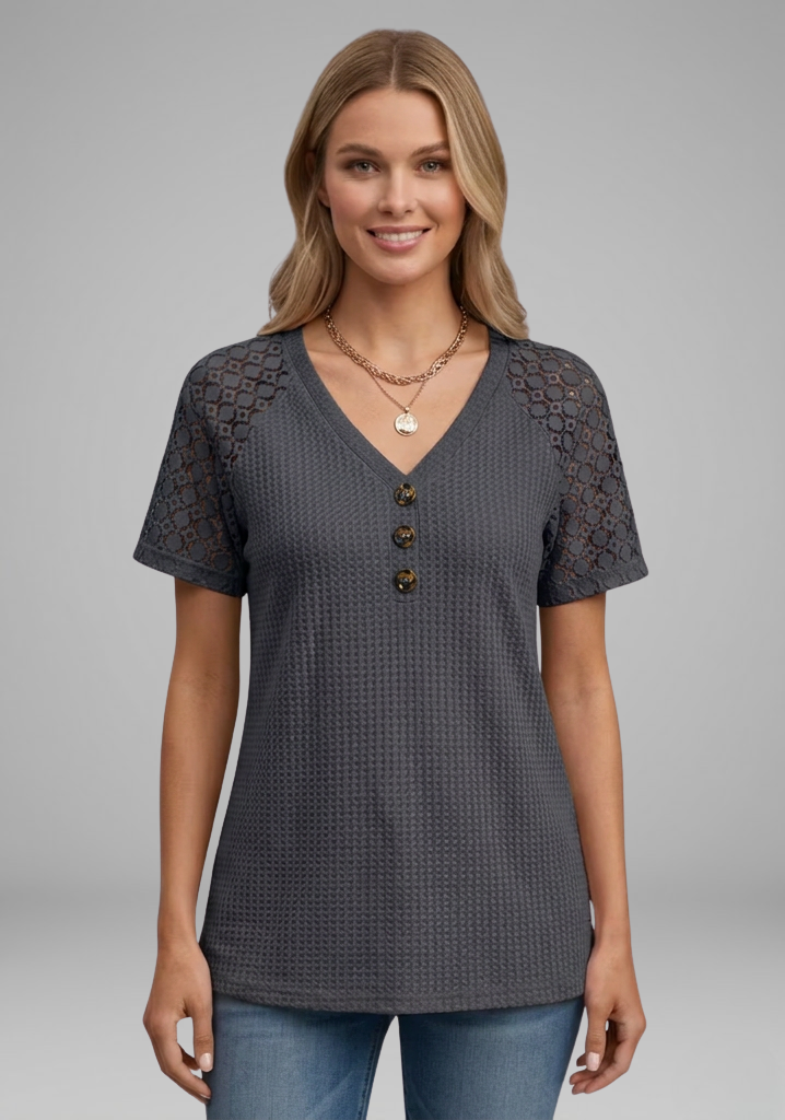 Women’s Waffle-Knit V-Neck T-Shirt with Lace Short Sleeves and Button Detail