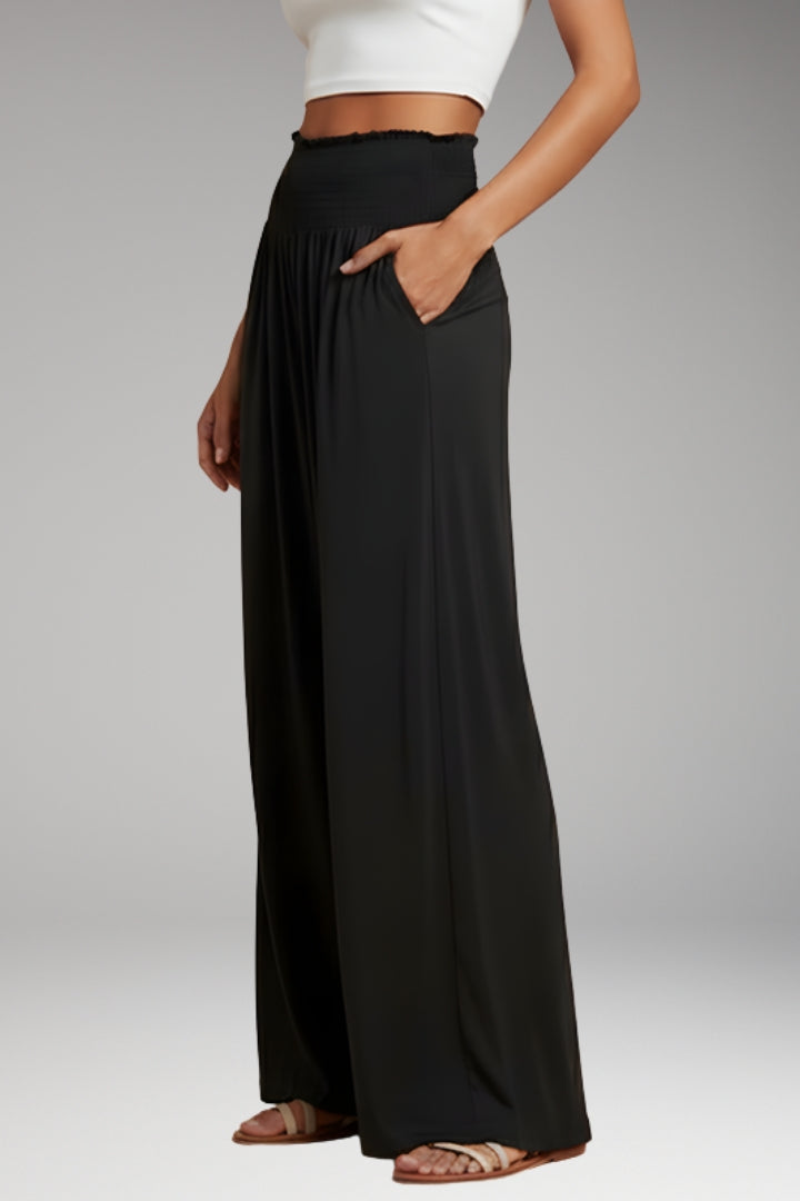 Women’s Wide-Leg Trousers with High-Waisted Fit and Smocked Waistband