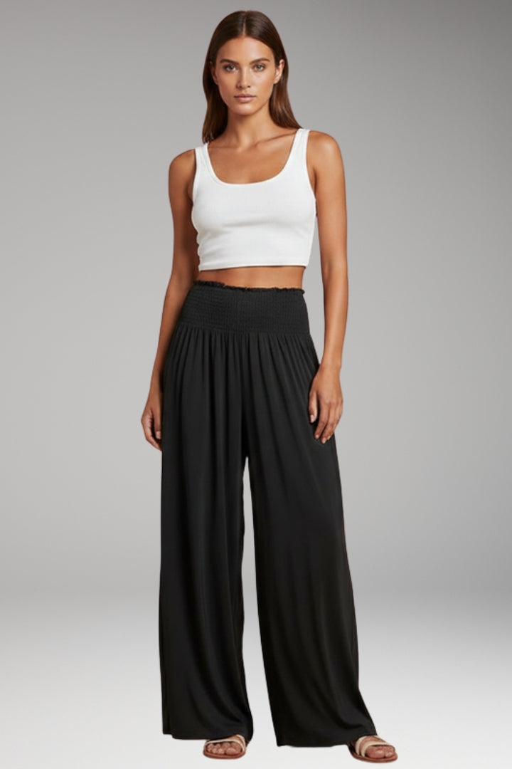 Women’s Wide-Leg Trousers with High-Waisted Fit and Smocked Waistband
