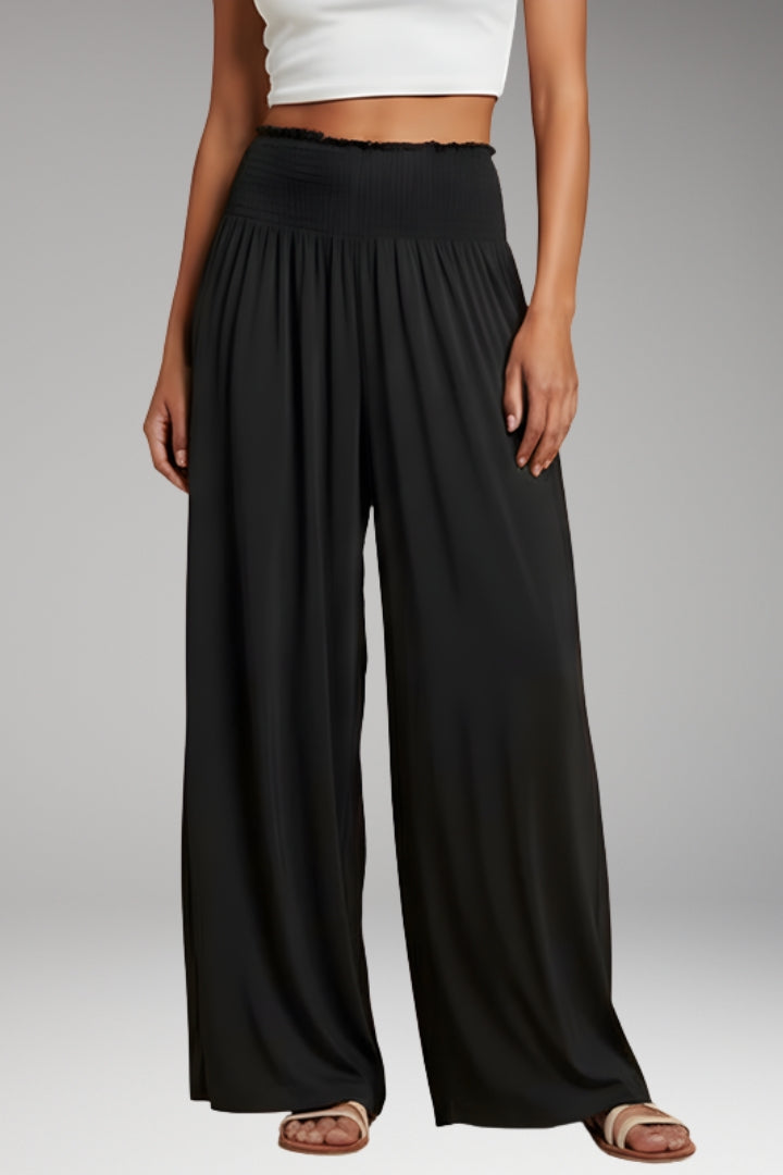 Women’s Wide-Leg Trousers with High-Waisted Fit and Smocked Waistband
