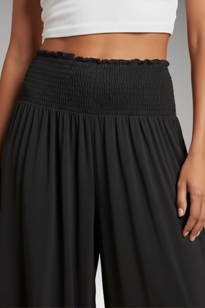 Women’s Wide-Leg Trousers with High-Waisted Fit and Smocked Waistband