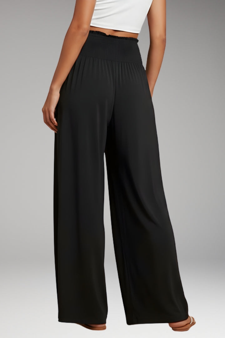 Women’s Wide-Leg Trousers with High-Waisted Fit and Smocked Waistband