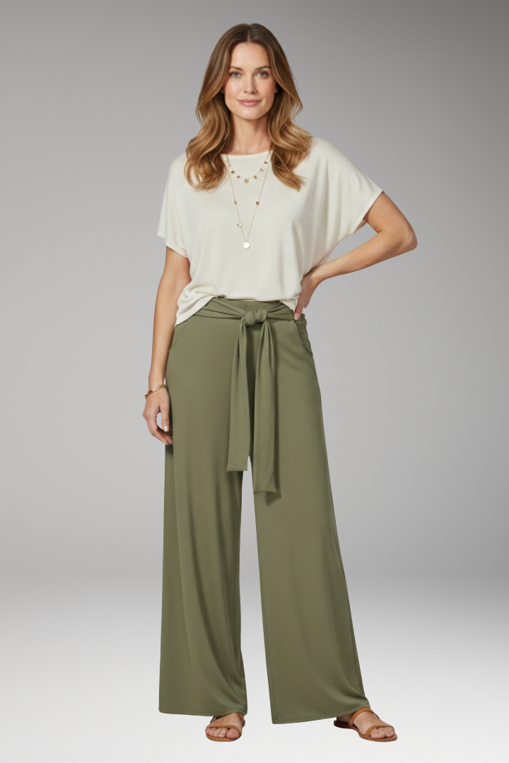 Women's Wide-Leg Trousers with High Waist and Tie Belt