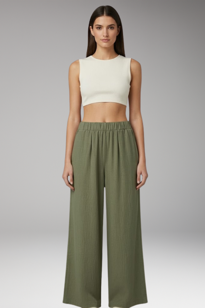 Women's Wide Leg Trousers with Elastic Waistband