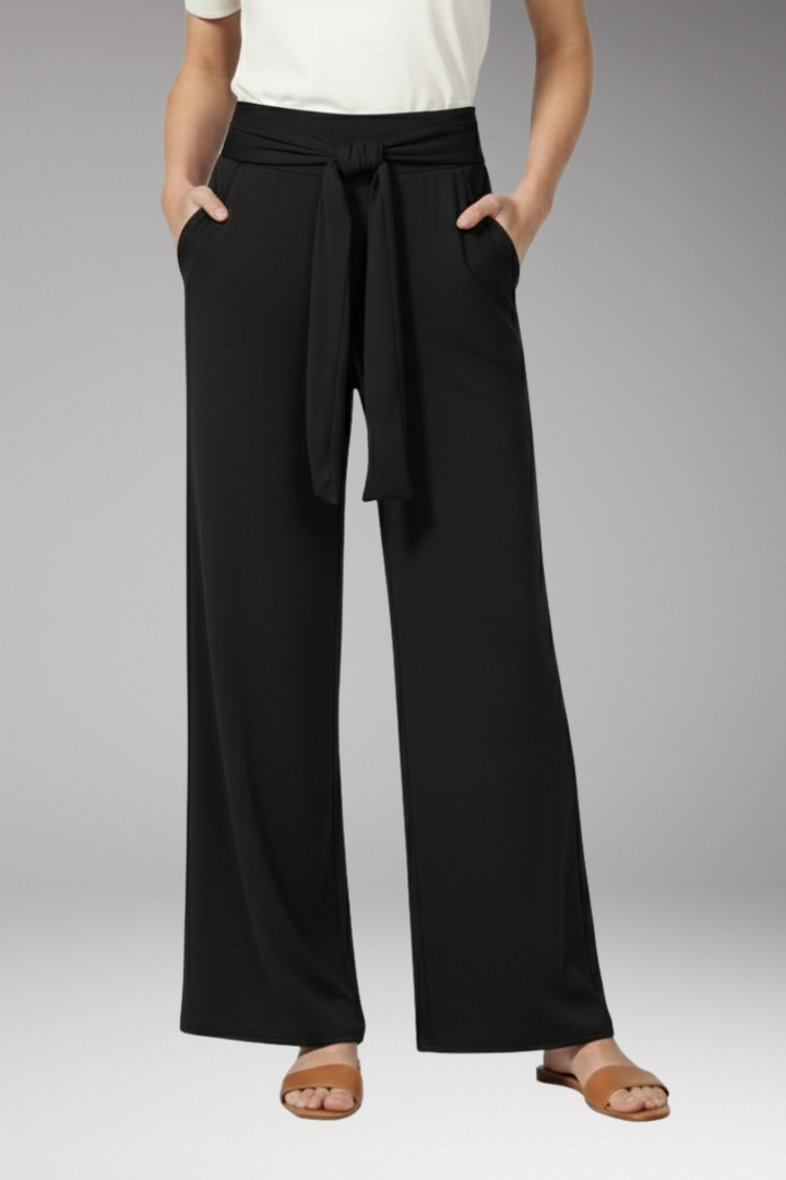 Women's Wide Leg Trousers with Tie Waist and Side Pockets