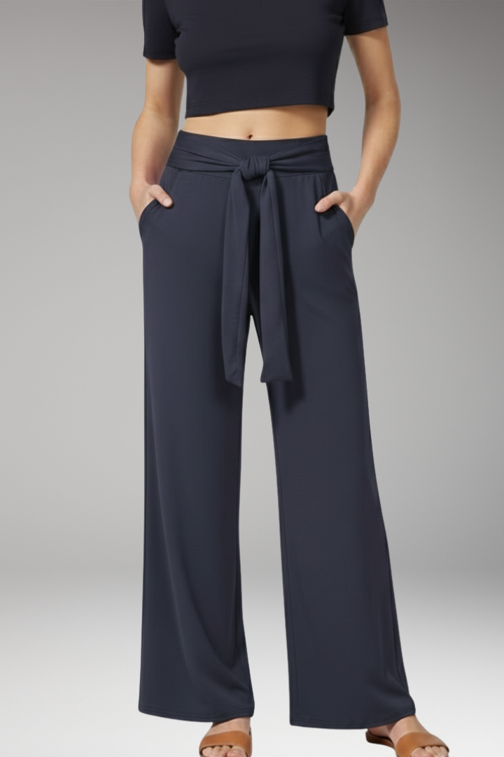 Women's Wide Leg Trousers with Tie Waist and Side Pockets