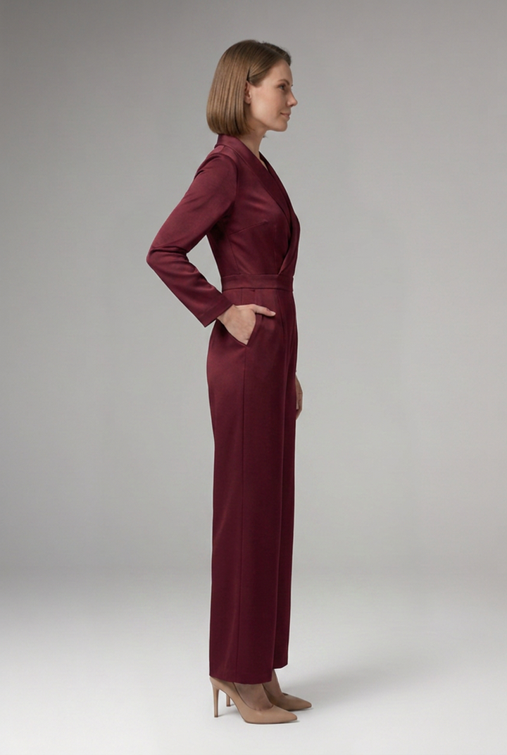 Women's Wrap Front Jumpsuit with Long Sleeves and Wide Legs