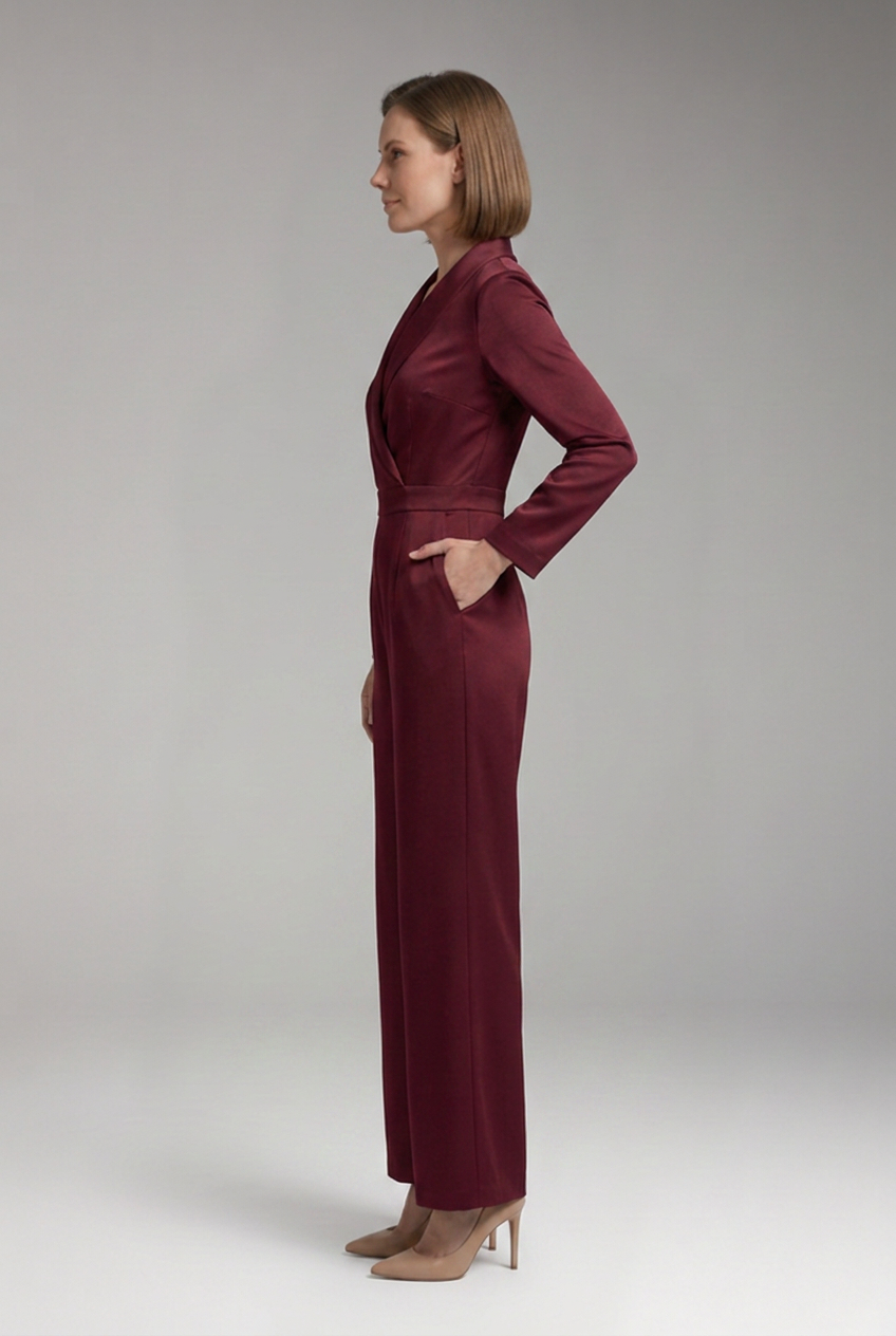 Women's Wrap Front Jumpsuit with Long Sleeves and Wide Legs