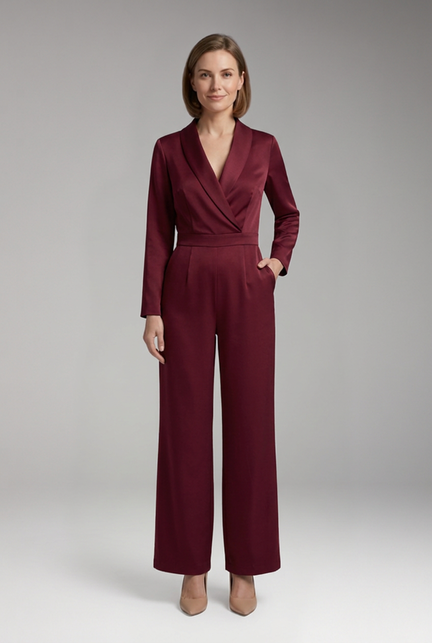 Women's Wrap Front Jumpsuit with Long Sleeves and Wide Legs