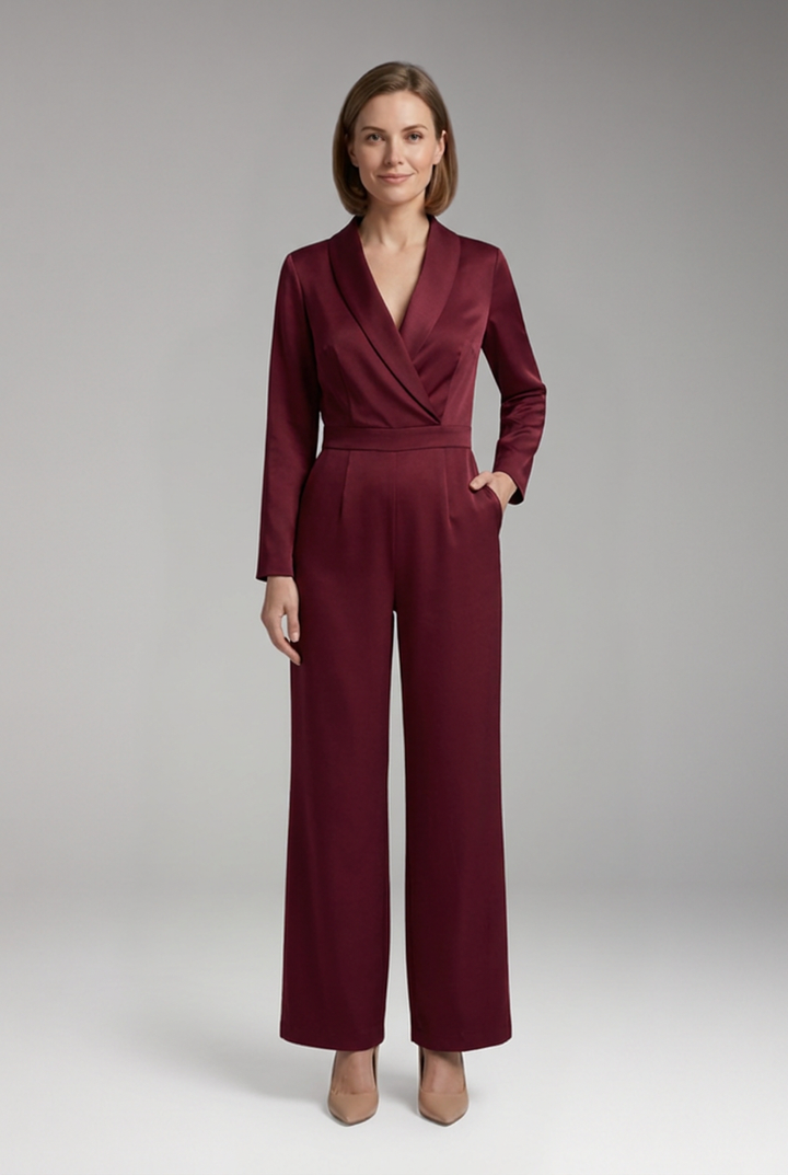 Women's Wrap Front Jumpsuit with Long Sleeves and Wide Legs