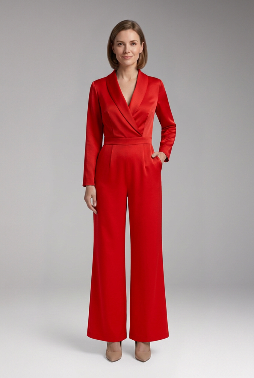 Women's Wrap Front Jumpsuit with Long Sleeves and Wide Legs