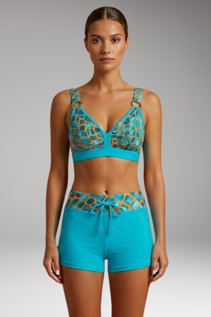 Women's Bikini Set with Striped Top and Adjustable Drawstring Shorts