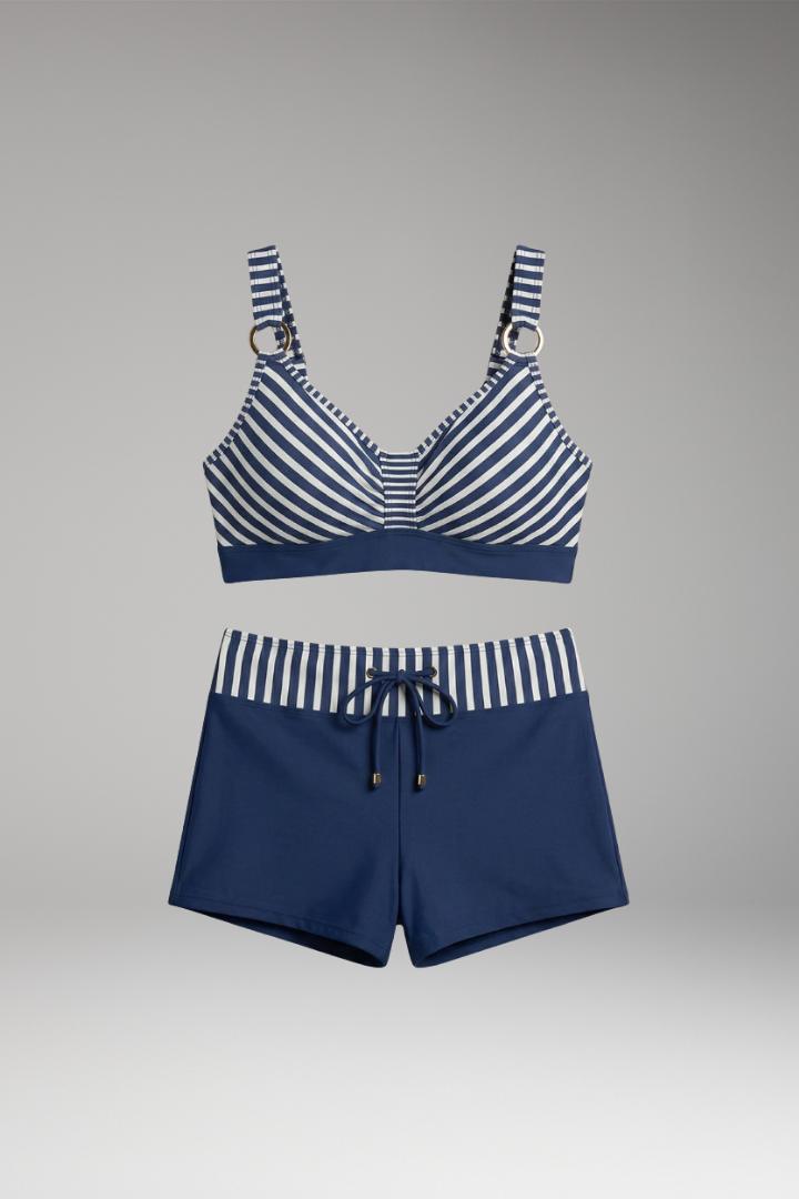 Women's Bikini Set with Striped Top and Adjustable Drawstring Shorts