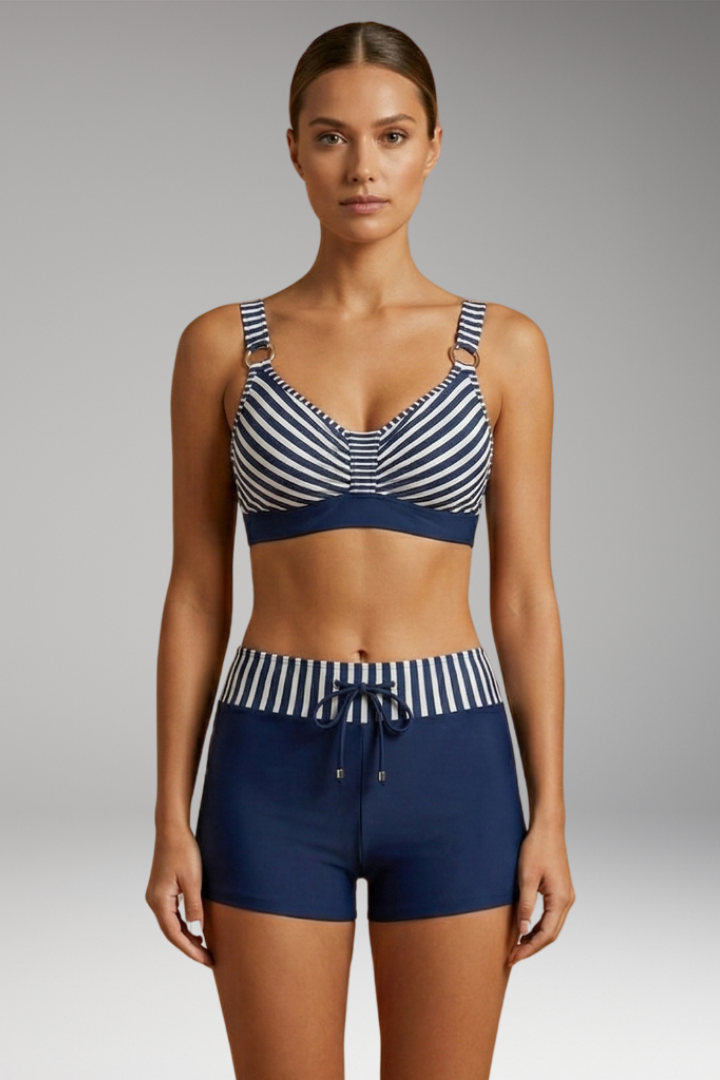 Women's Bikini Set with Striped Top and Adjustable Drawstring Shorts