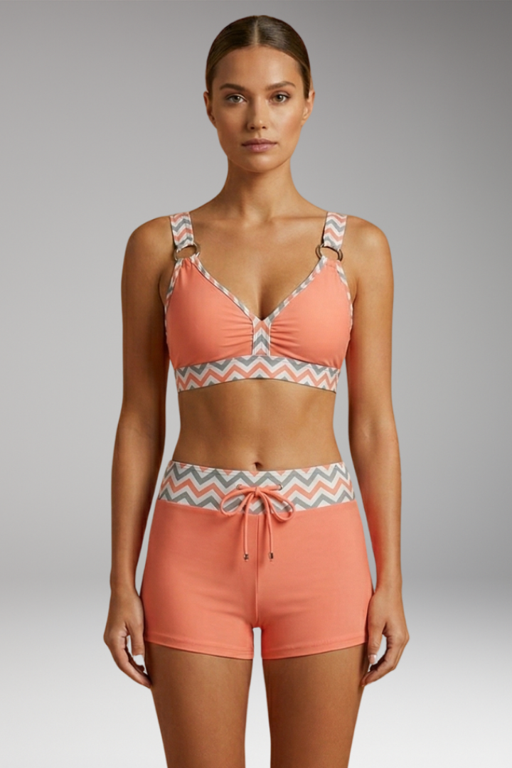 Women's Bikini Set with Striped Top and Adjustable Drawstring Shorts