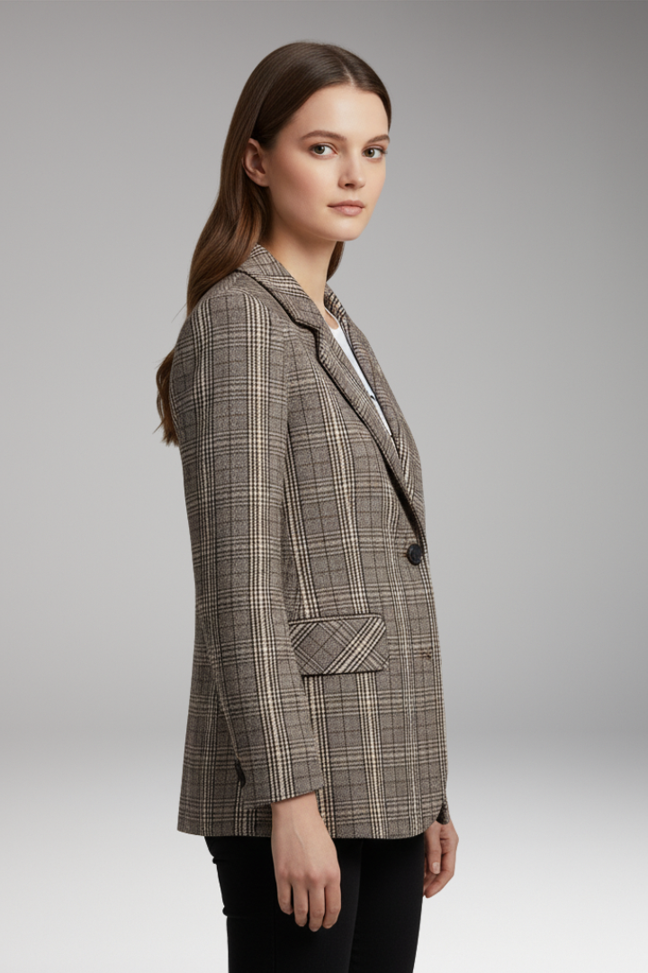 Women’s Blazer with Notched Collar and Plaid Pattern