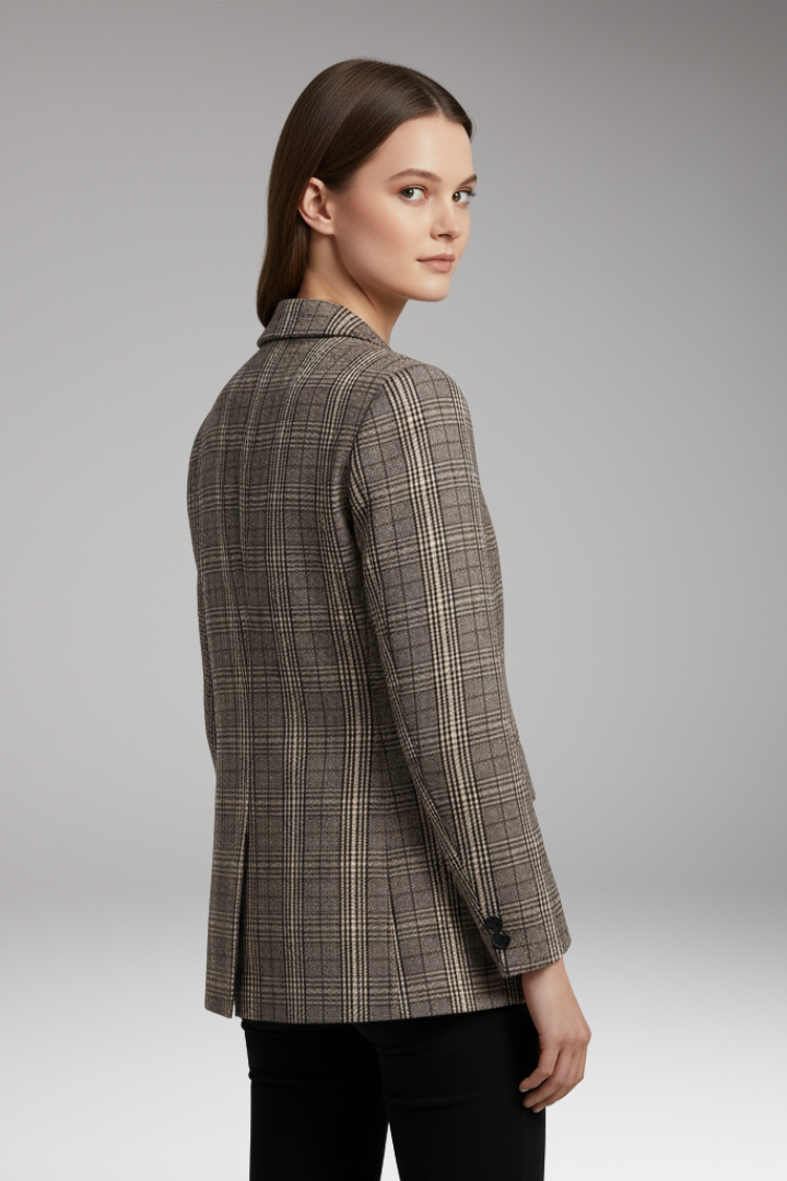 Women’s Blazer with Notched Collar and Plaid Pattern