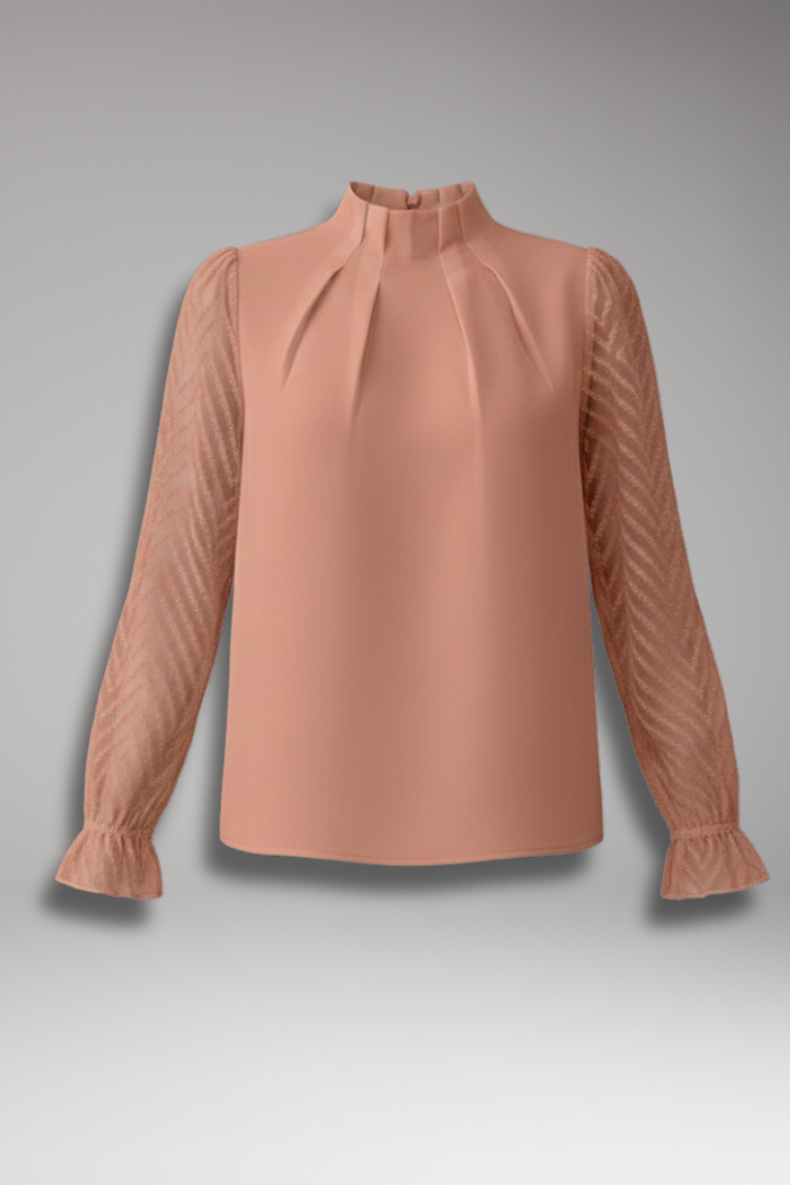 Women’s Blouse with Pleated Collar and Sheer Sleeves