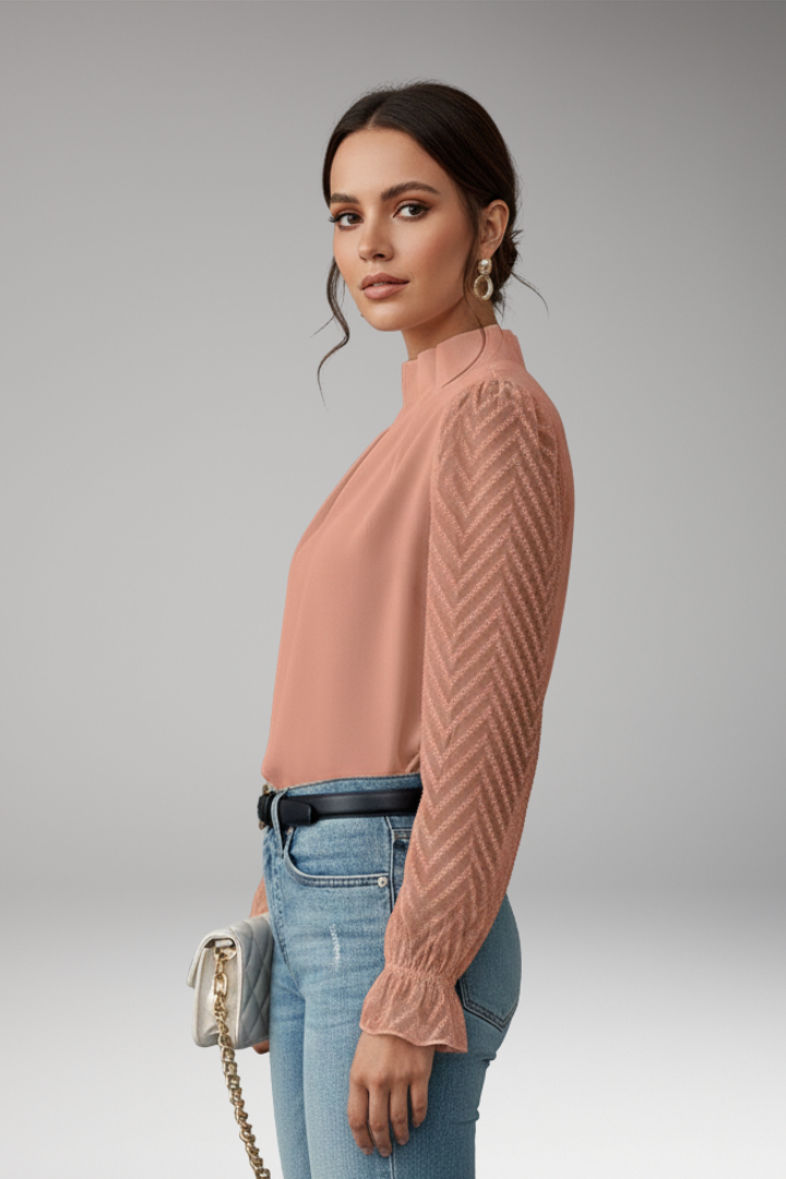 Women’s Blouse with Pleated Collar and Sheer Sleeves