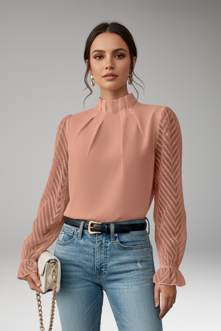 Women’s Blouse with Pleated Collar and Sheer Sleeves