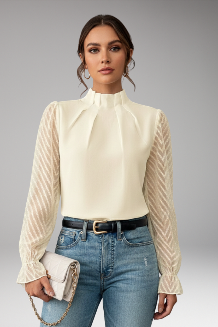 Women’s Blouse with Pleated Collar and Sheer Sleeves