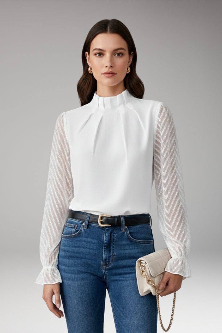 Women’s Blouse with Pleated Collar and Sheer Sleeves