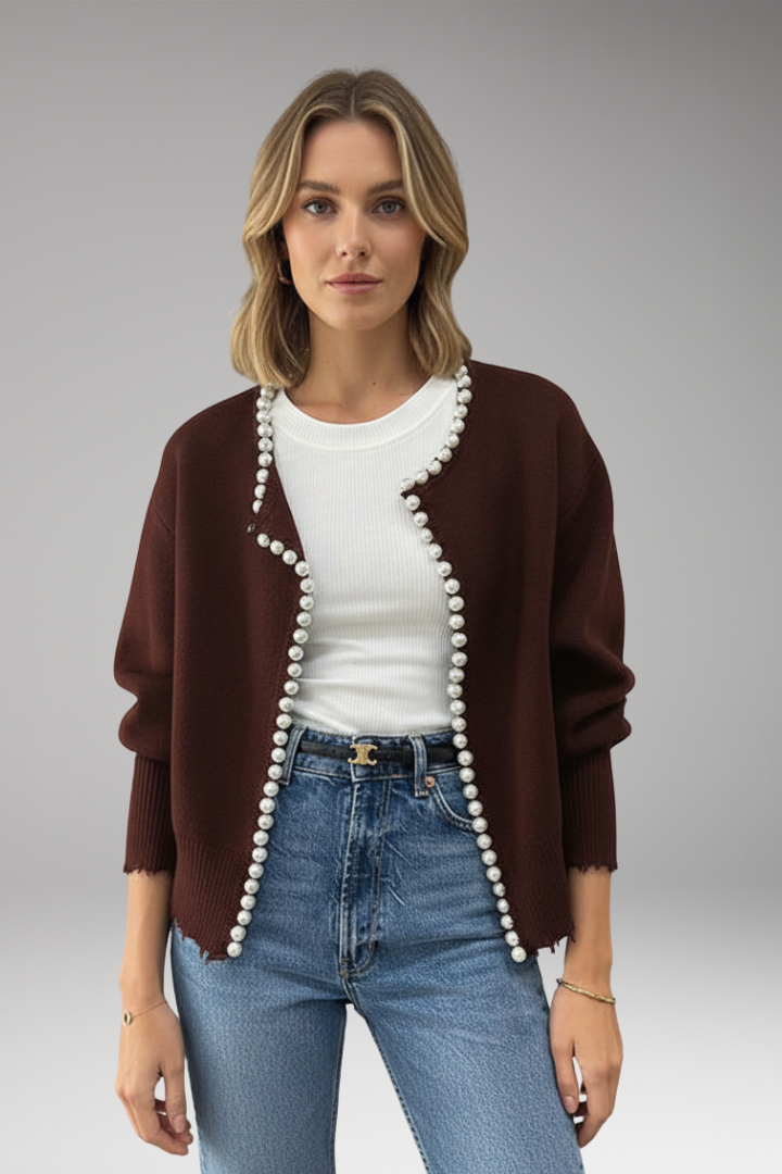 Women’s Cardigan with Pearl Trim and Raw Hem