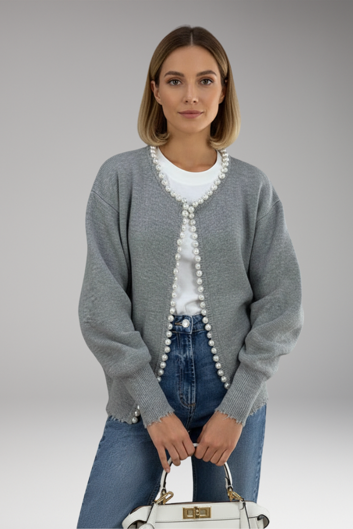 Women’s Cardigan with Pearl Trim and Raw Hem