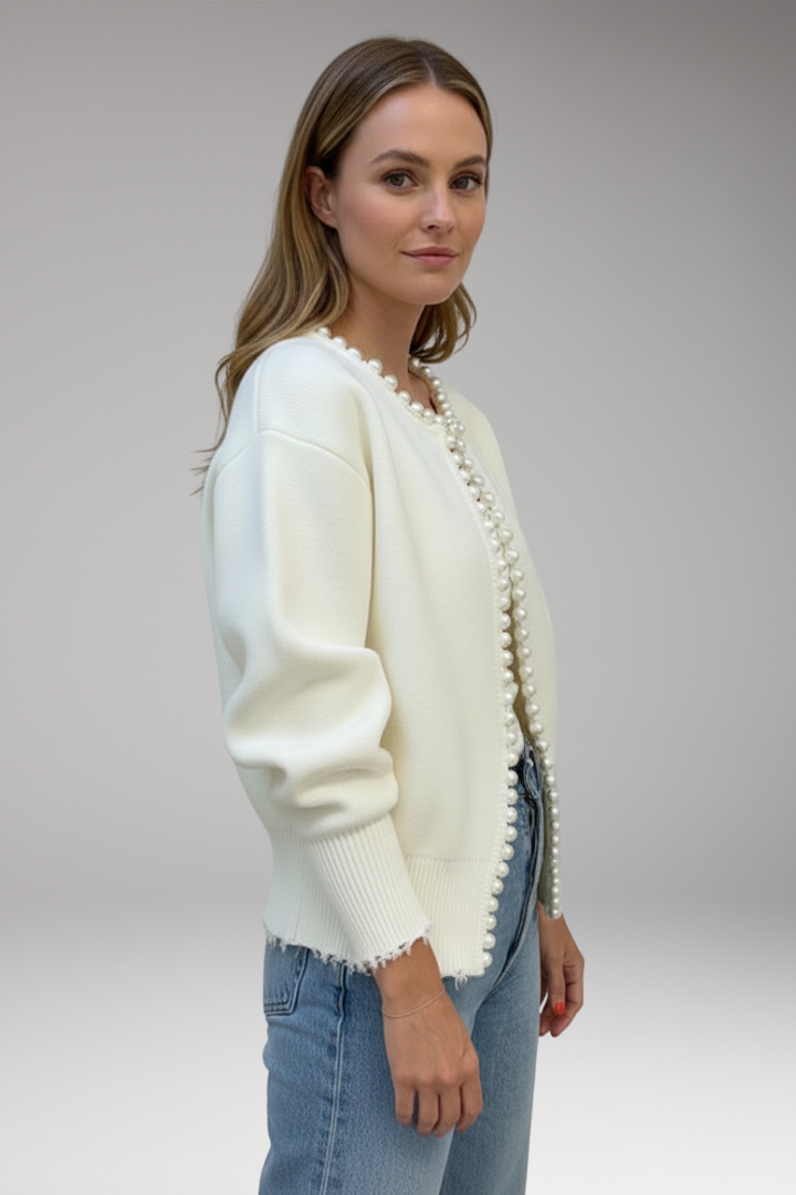 Women’s Cardigan with Pearl Trim and Raw Hem