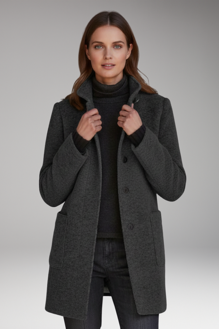 Women’s Coat with High Collar and Button Fastening