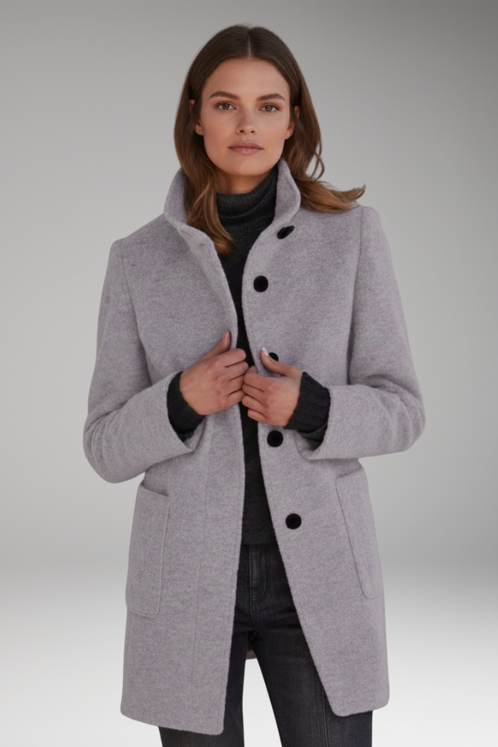 Women’s Coat with High Collar and Button Fastening