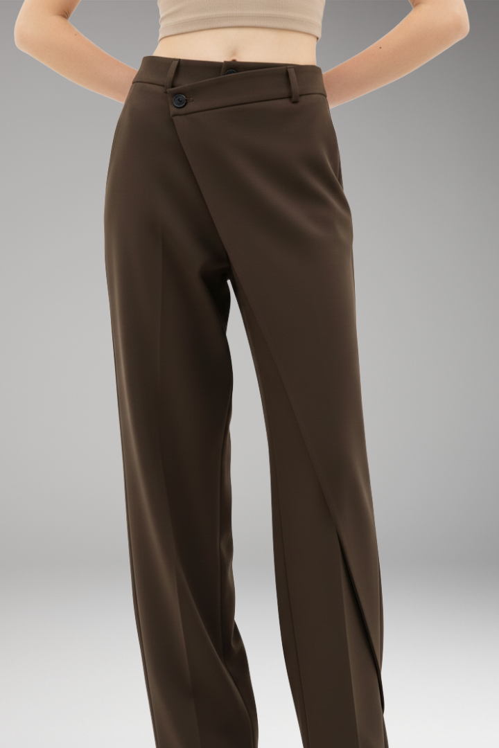 Women's Dress Trousers with Asymmetrical Layer and Wide Legs