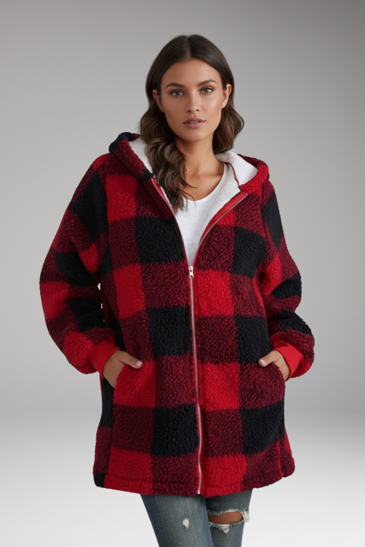 Women’s Hooded Coat with Zip Front and Check Pattern