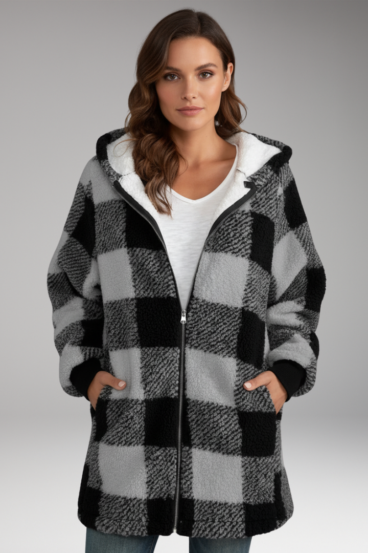 Women’s Hooded Coat with Zip Front and Check Pattern