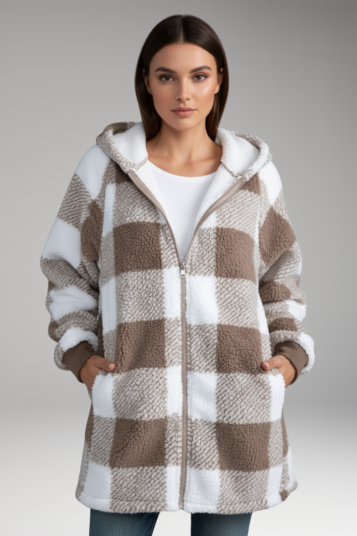 Women’s Hooded Coat with Zip Front and Check Pattern