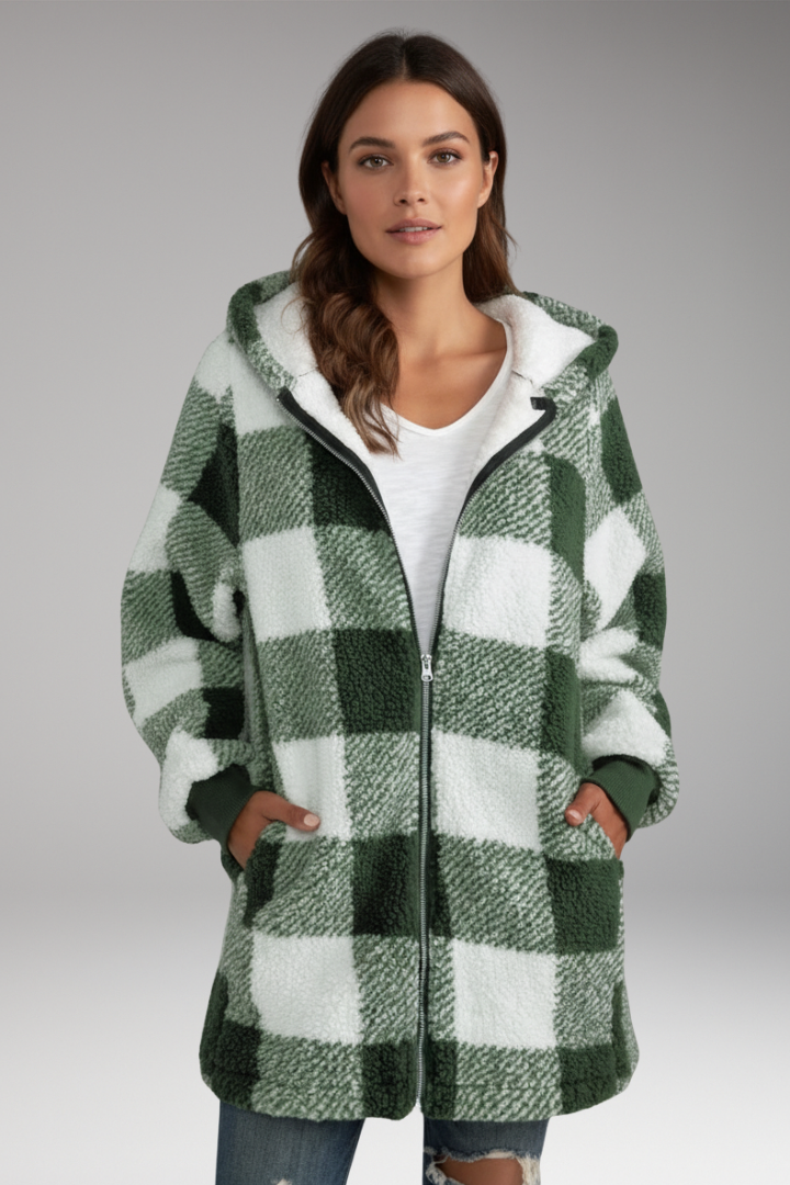 Women’s Hooded Coat with Zip Front and Check Pattern