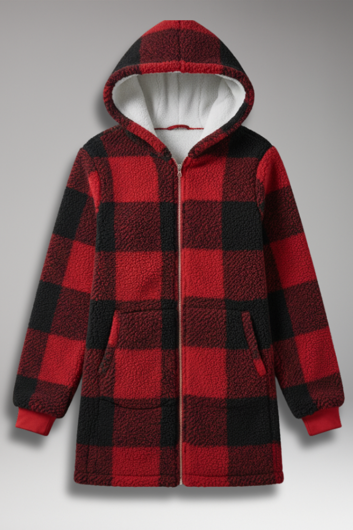 Women’s Hooded Coat with Zip Front and Check Pattern