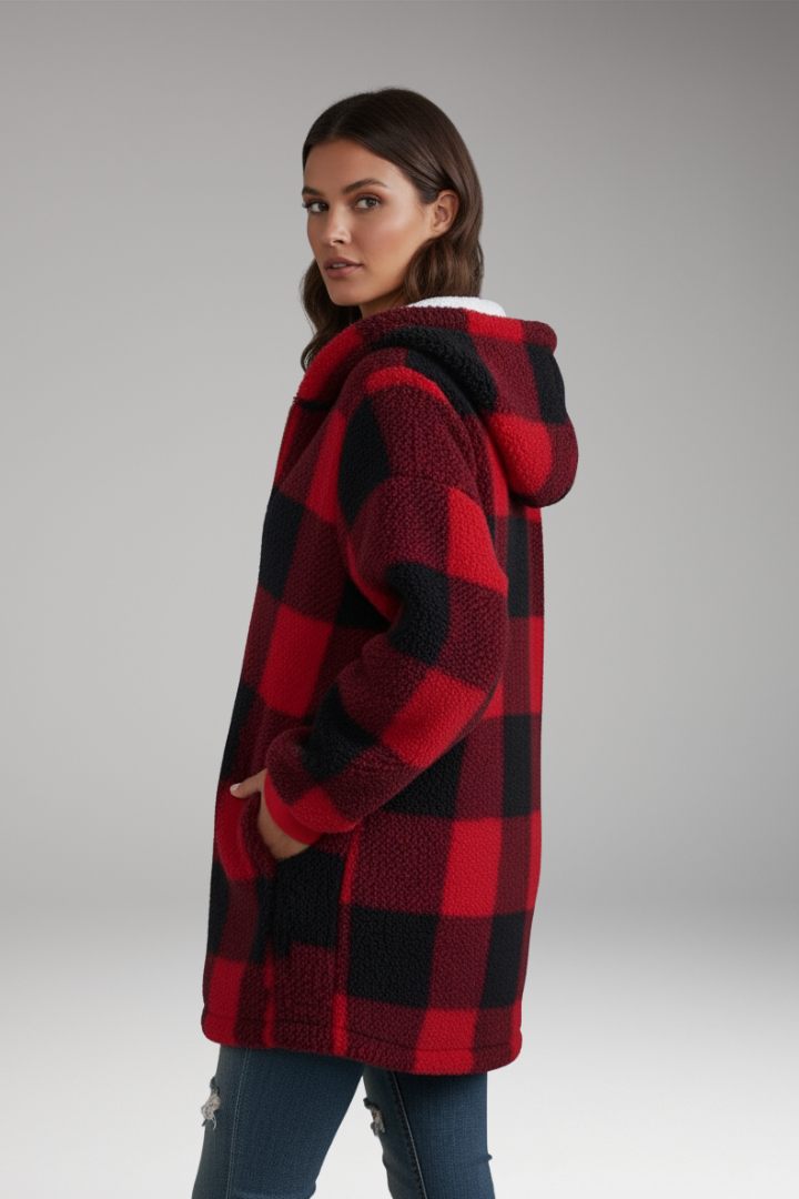 Women’s Hooded Coat with Zip Front and Check Pattern