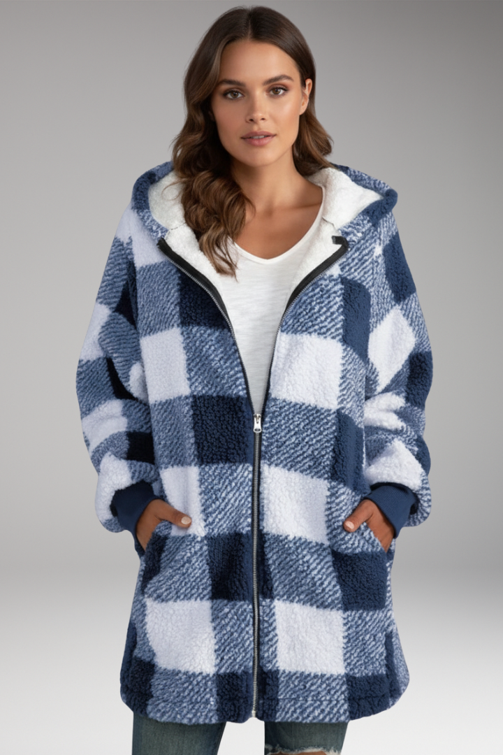 Women’s Hooded Coat with Zip Front and Check Pattern