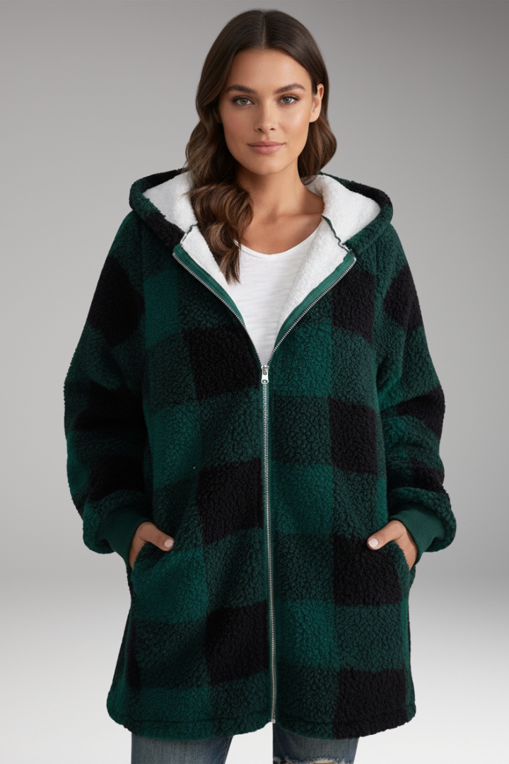 Women’s Hooded Coat with Zip Front and Check Pattern
