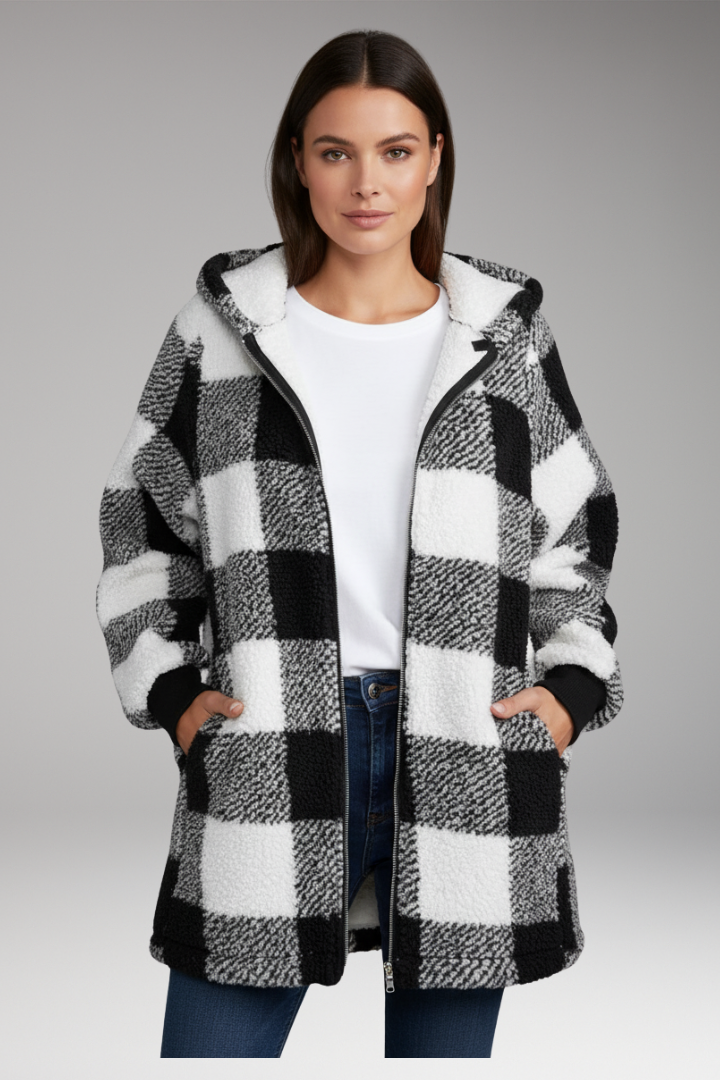 Women’s Hooded Coat with Zip Front and Check Pattern