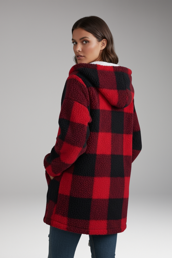 Women’s Hooded Coat with Zip Front and Check Pattern