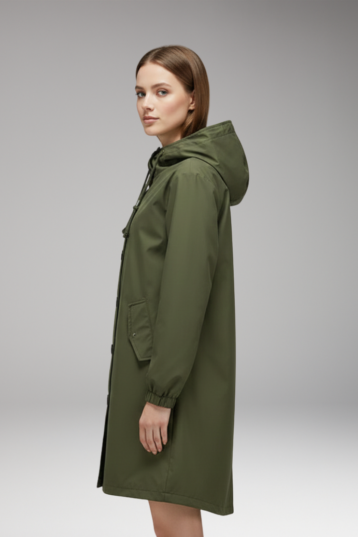 Women’s Hooded Jacket with Drawstring Hood and Button Closure