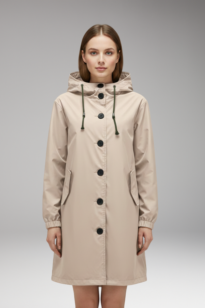 Women’s Hooded Jacket with Drawstring Hood and Button Closure