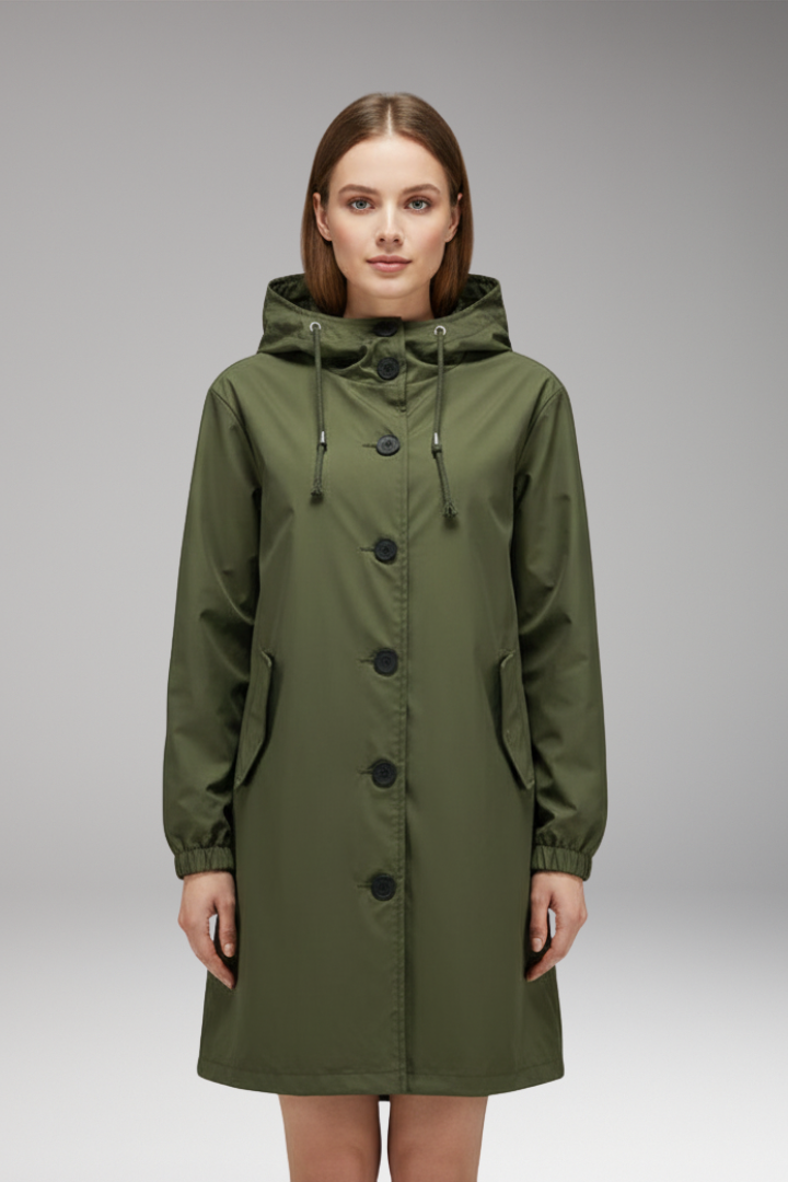 Women’s Hooded Jacket with Drawstring Hood and Button Closure