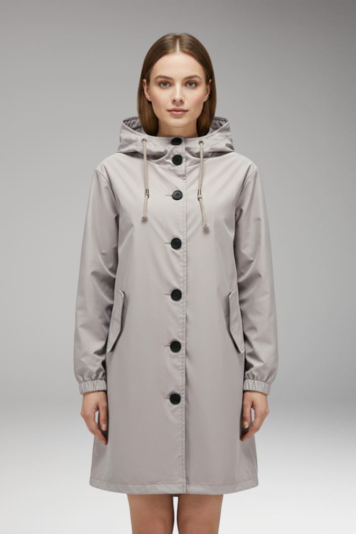 Women’s Hooded Jacket with Drawstring Hood and Button Closure