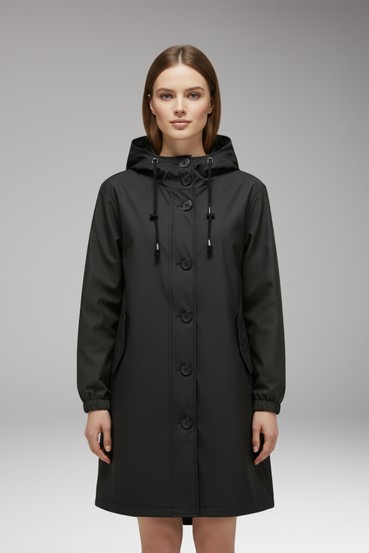 Women’s Hooded Jacket with Drawstring Hood and Button Closure